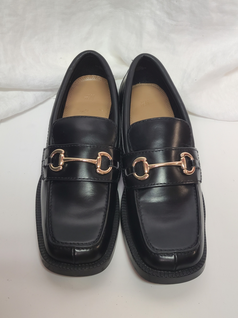 H&M Women's Black Leather Slip-On Loafers with Gold Bit